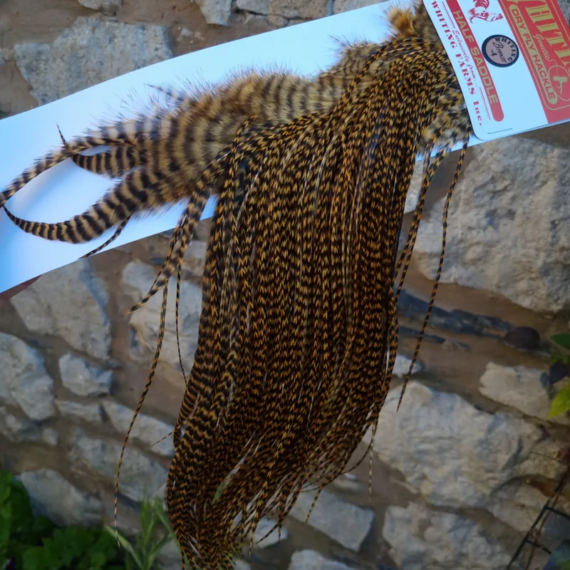 Whiting 1/2 BRONZE Grade Dry Fly Rooster Saddle in Grizzly Dyed March Brown